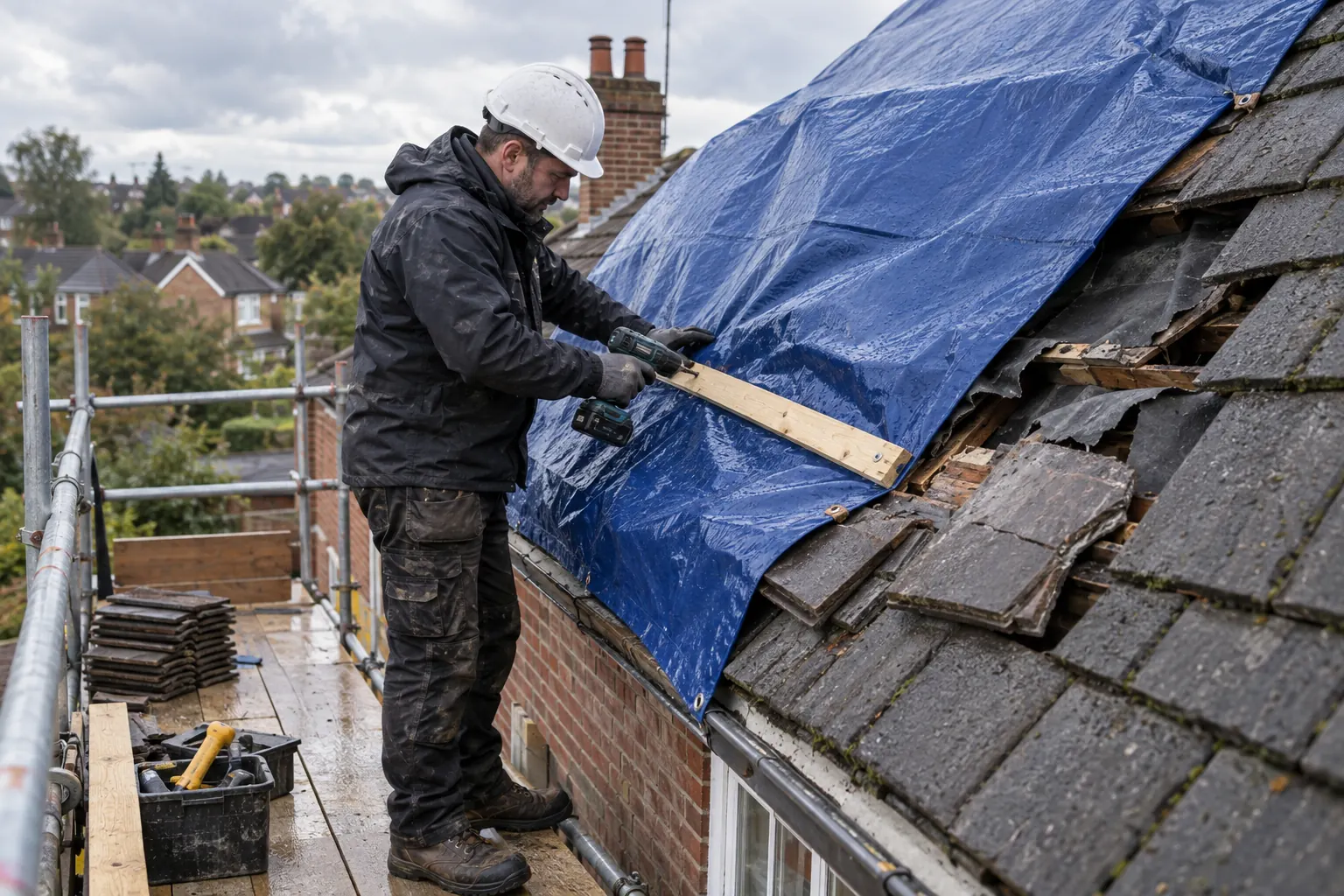 Roofer fixing a temporary tarpaulin over a storm-damaged roof