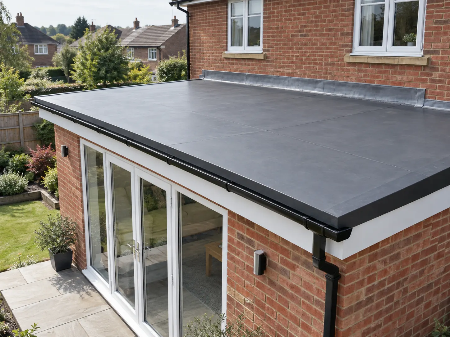 New grey rubber flat roof on a brick home extension