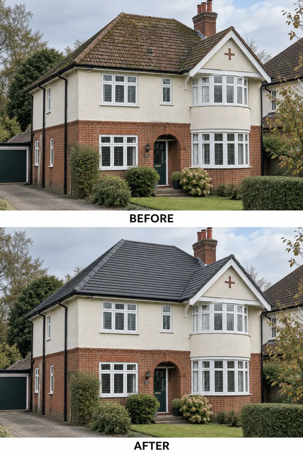Before and after comparison of a re-roof on a two-storey home, from a mossy worn tile roof to a new dark tile roof