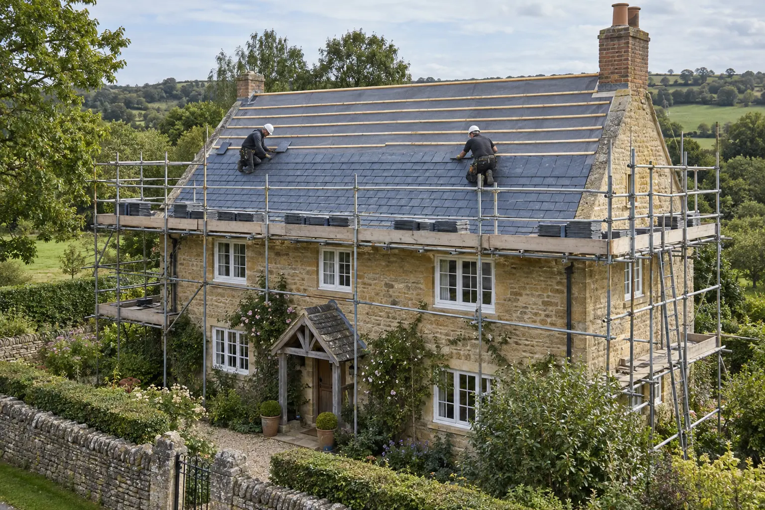 Roofers laying natural slate on a stone cottage surrounded by scaffolding