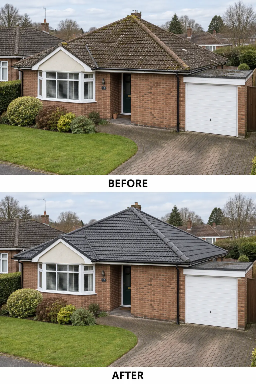 A brick bungalow before and after a full re-roof: the weathered, moss-covered tiles replaced with a fresh dark tiled roof