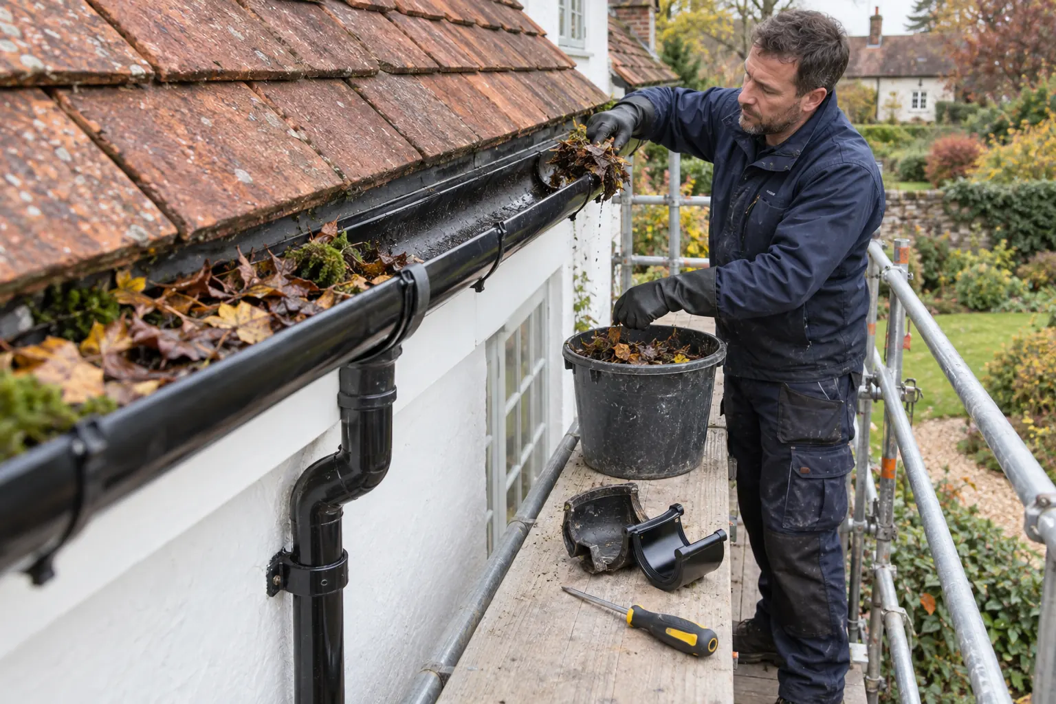 Roofer clearing leaves and moss from a gutter by hand, filling a bucket