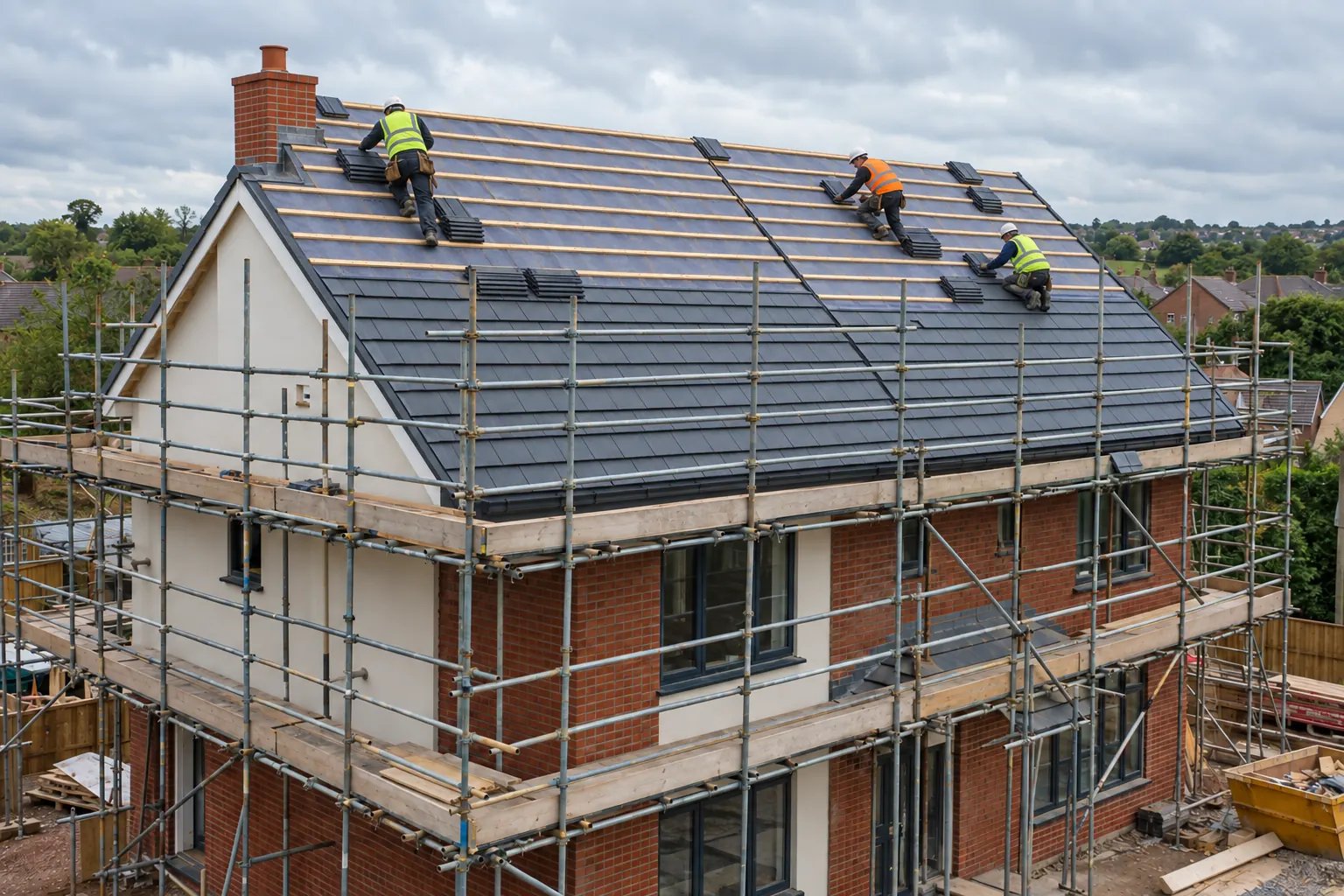 New slate roof on a British home with scaffolding in place