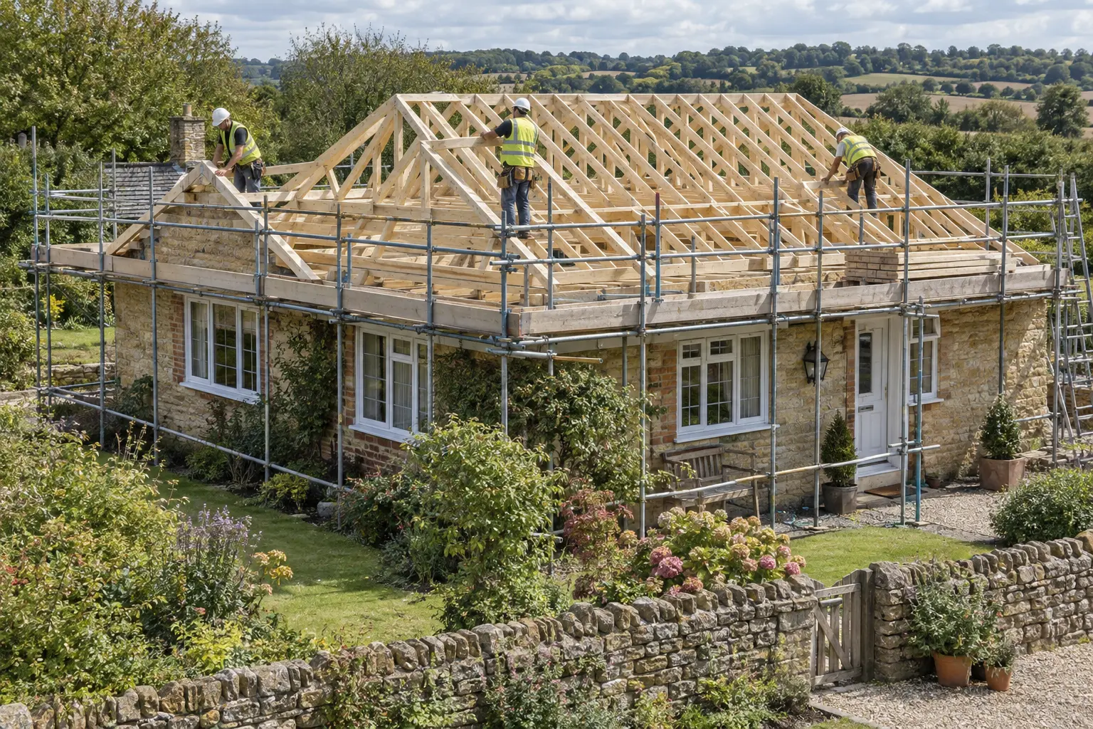 Timber roof structure being built on a British cottage
