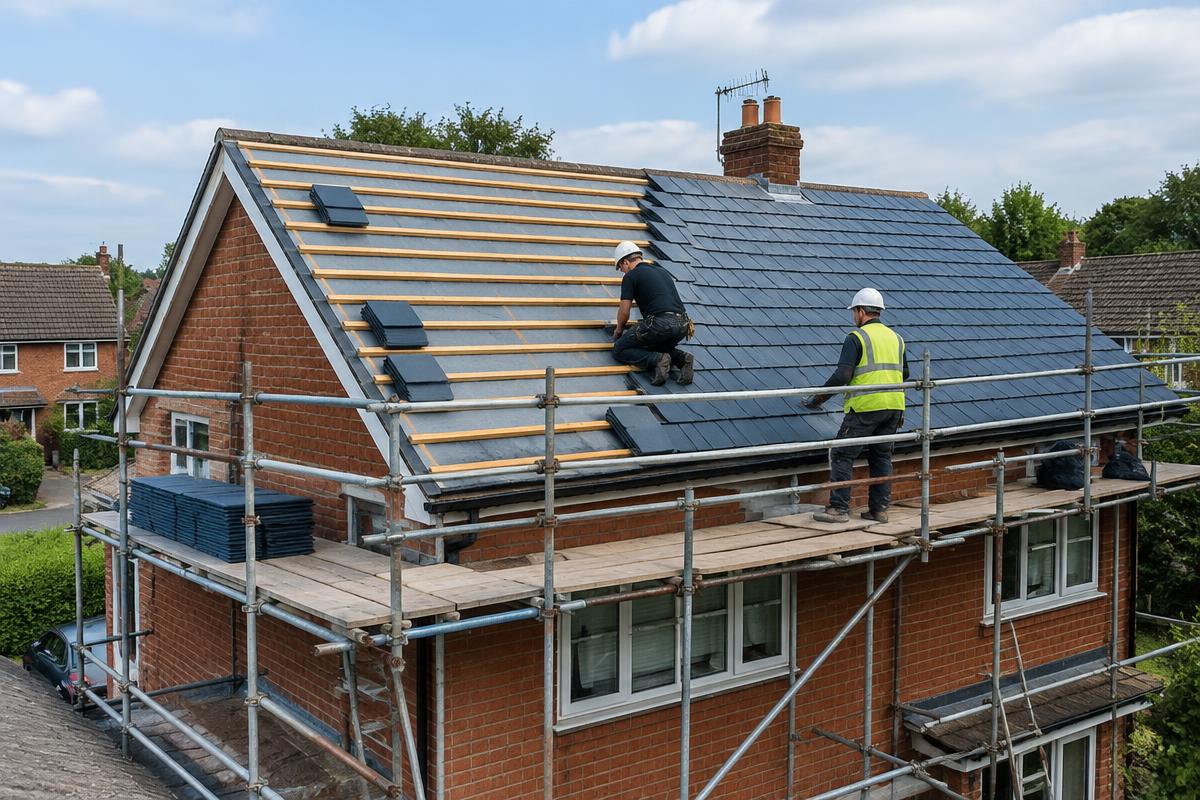 New slate roof being professionally installed